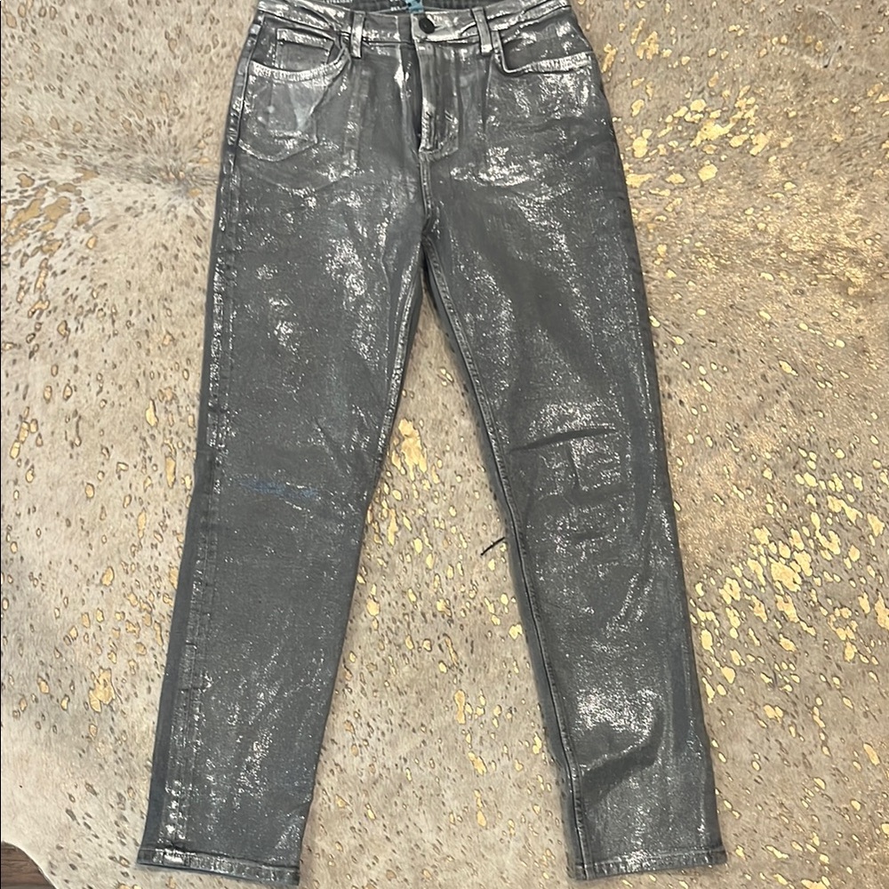 River Island, women’s tall, ankle length, size 8 silver metallic coated jean.